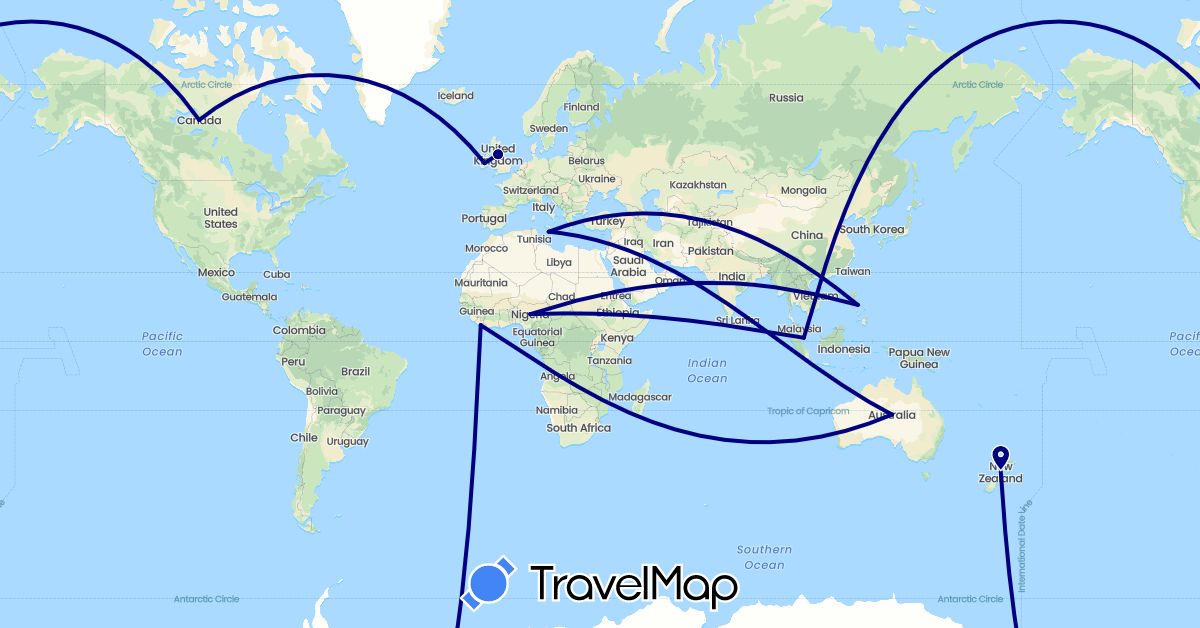 TravelMap itinerary: driving in Canada, United Kingdom, Ireland, Liberia, Malta, New Zealand, Philippines, Singapore (Africa, Asia, Europe, North America, Oceania)